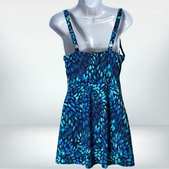 Denim & Co V Neck Wrap Front Swim Dress Azure Paint Brush Size 10 New - Picture 2 of 8